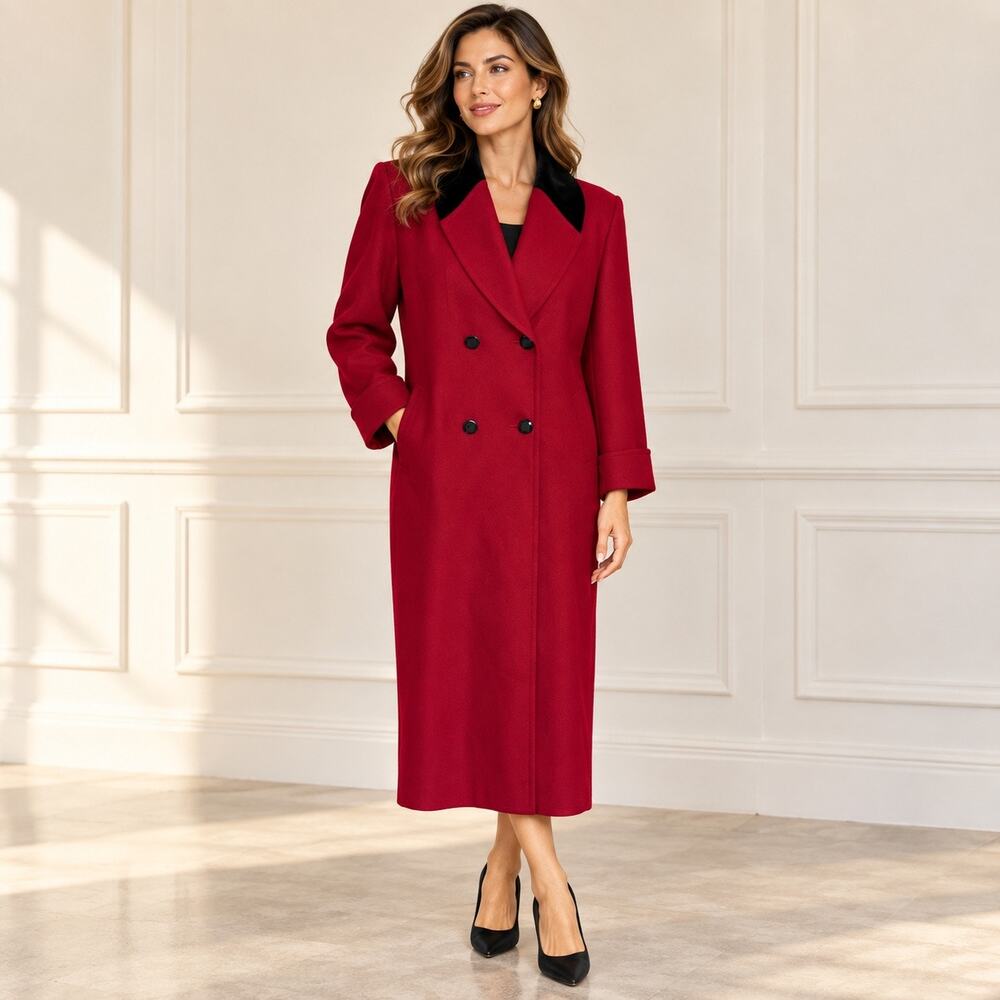 Vintage Lorna Petite Womens 14P Red 100% Wool Coat Black Velvet Collar USA